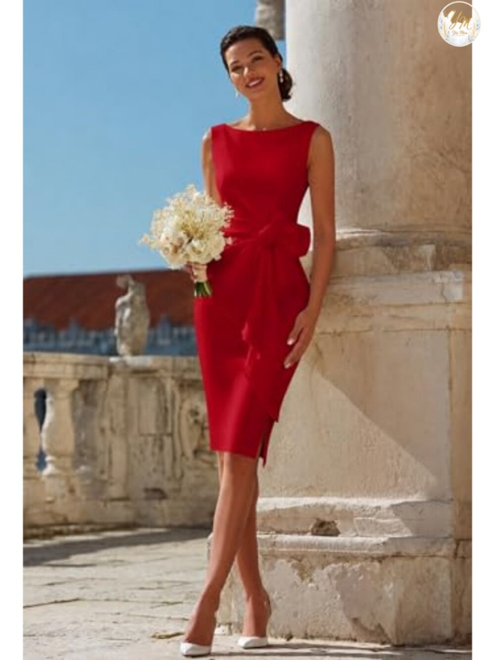 Sleeveless Boat Neck Ruched Waist Pencil Midi Dress Bow Detail - Picture 3 of 6